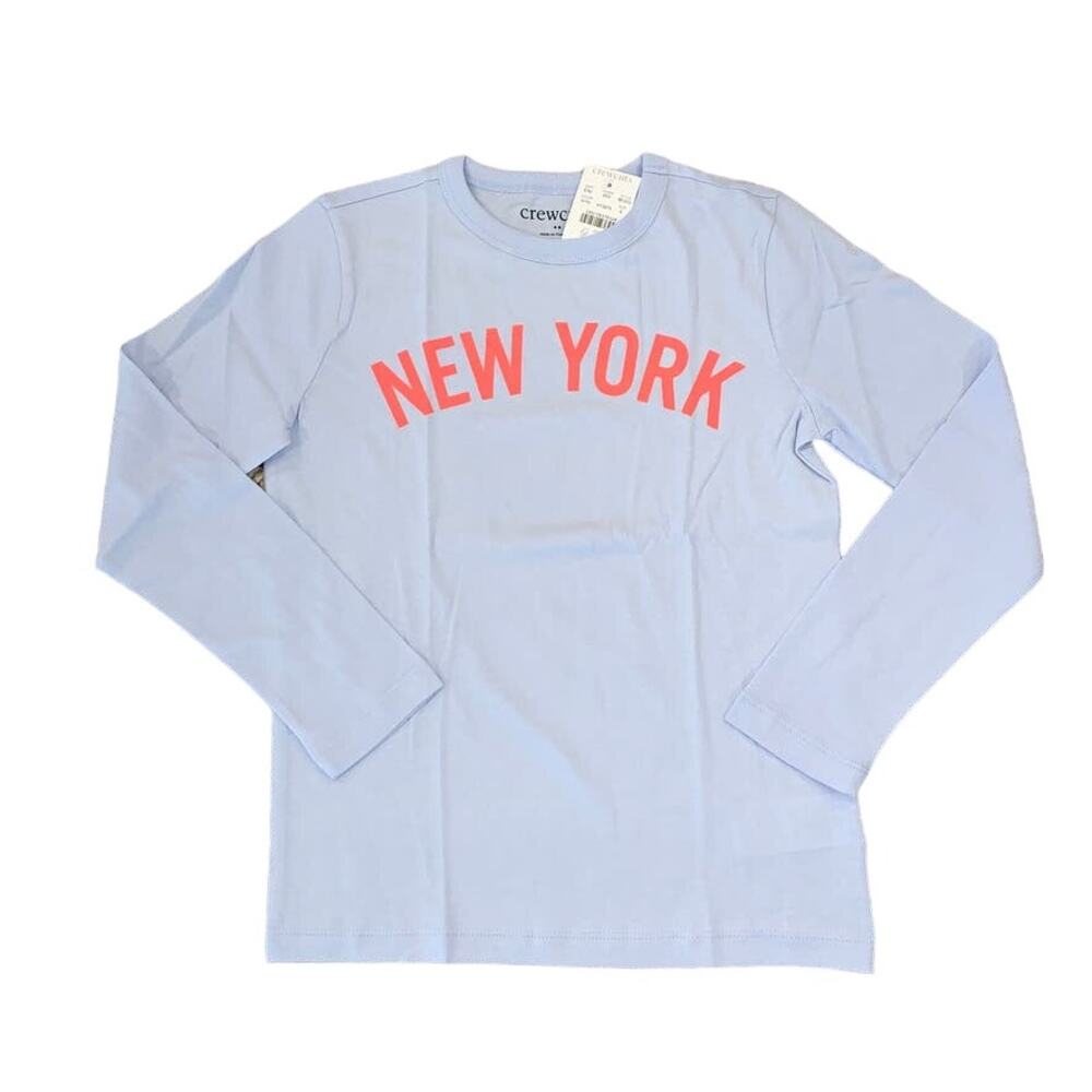 NWT J. Crew Girls' Light Blue Long-Sleeve W/"New York" Graphic Tee - SZ M (8-9)